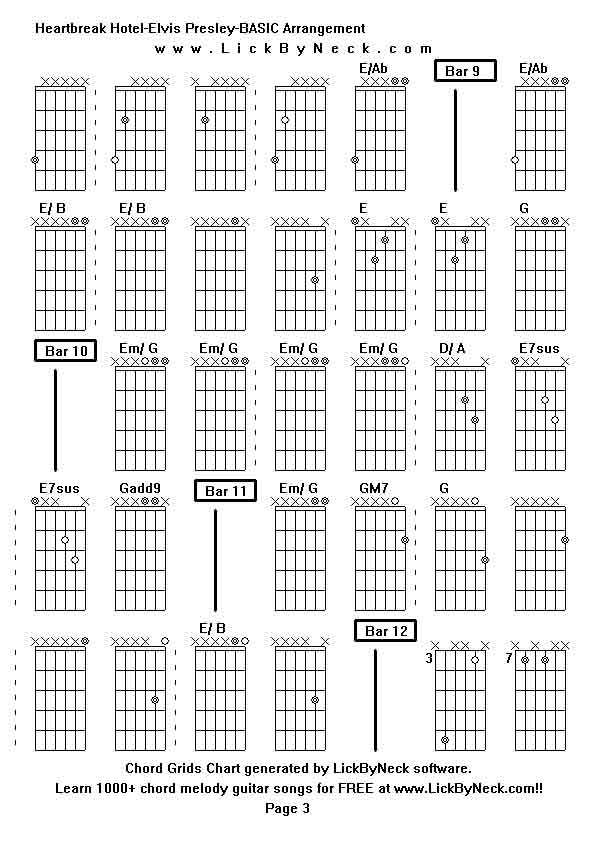 Chord Grids Chart of chord melody fingerstyle guitar song-Heartbreak Hotel-Elvis Presley-BASIC Arrangement,generated by LickByNeck software.